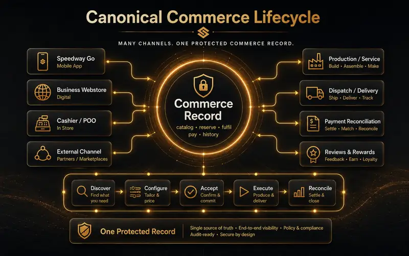 Canonical Commerce Lifecycle: Speedway Go, webstores, in-store checkout and external channels converge on one protected commerce record through fulfilment, payment reconciliation, reviews and rewards.