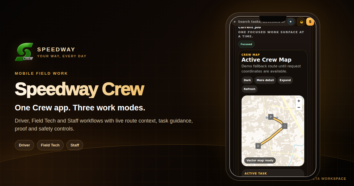 Official Speedway Crew product artwork showing the connected field work experience