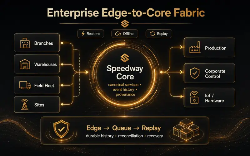 Fabric enterprise Speedway dari edge hingga core yang menghubungkan cabang, gudang, fleet lapangan, produksi, kontrol korporat, dan IoT melalui layanan inti terkelola