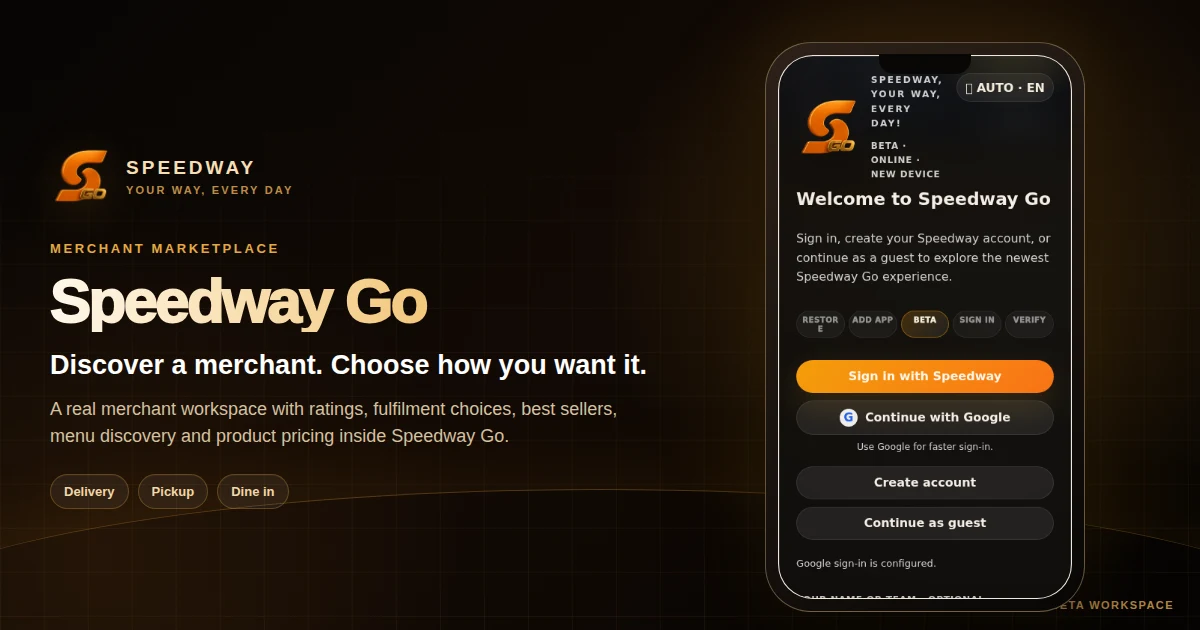 Speedway Go marketplace feature showing a real merchant storefront and menu discovery